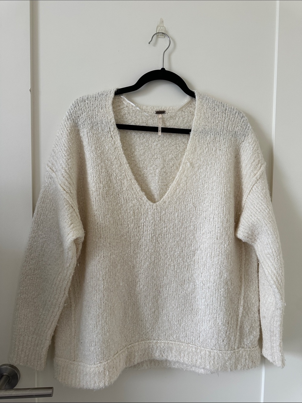 Free People V-Neck Cozy Bouclé Sweater in Cream